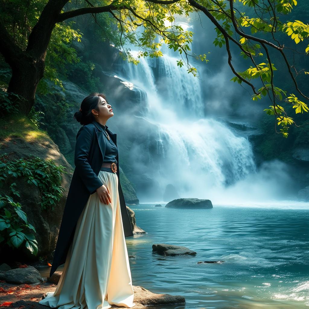 A breathtakingly mystical scene featuring a stylish artist engaged in deep contemplation beside a serene waterfall