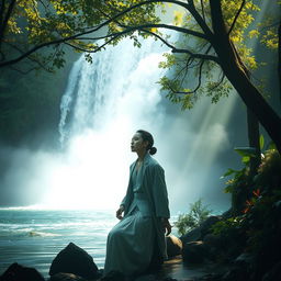 A breathtakingly mystical scene featuring a stylish artist engaged in deep contemplation beside a serene waterfall