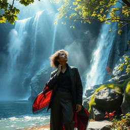 A breathtakingly mystical scene featuring a stylish artist engaged in deep contemplation beside a serene waterfall