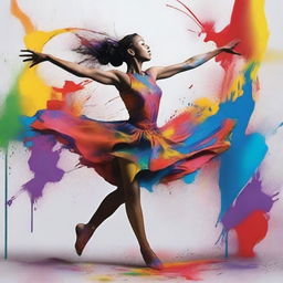 Translate this expressive performance into a dynamic image; a professional dancer in mid-motion, with splashes of vibrant paint interacting with her movements