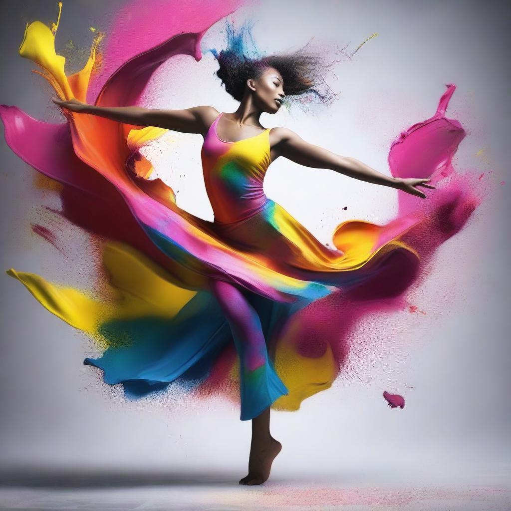 Translate this expressive performance into a dynamic image; a professional dancer in mid-motion, with splashes of vibrant paint interacting with her movements