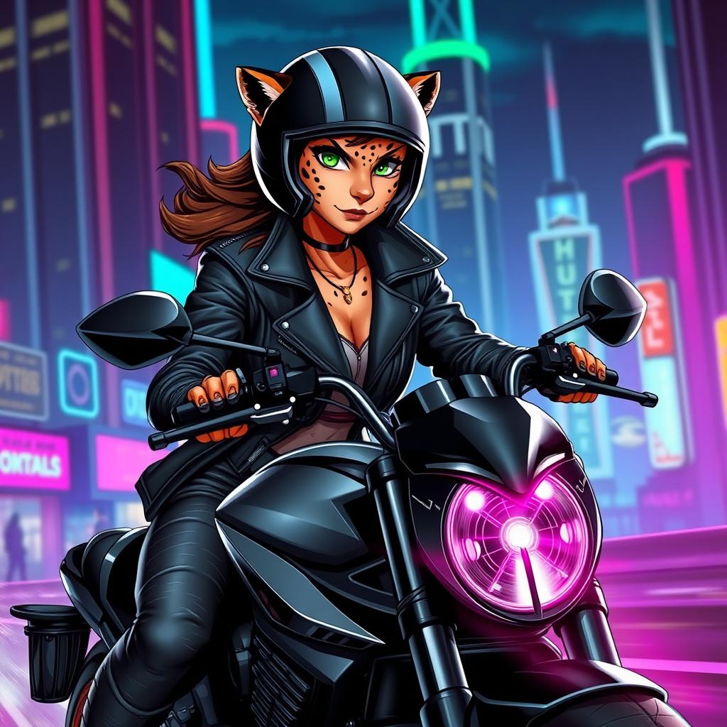 A humanoid female jaguar detective riding a sleek black motorcycle, wearing a stylish leather jacket and helmet that complement her fierce feline features