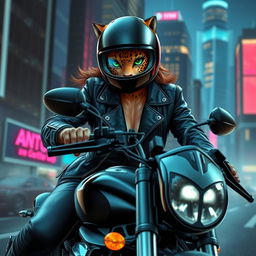 A humanoid female jaguar detective riding a sleek black motorcycle, wearing a stylish leather jacket and helmet that complement her fierce feline features