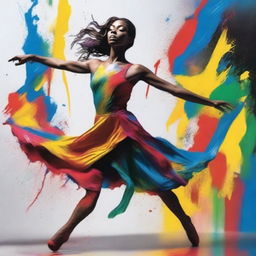 Translate this expressive performance into a dynamic image; a professional dancer in mid-motion, with splashes of vibrant paint interacting with her movements