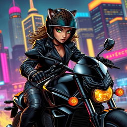 A humanoid female jaguar detective riding a sleek black motorcycle, wearing a stylish leather jacket and helmet that complement her fierce feline features