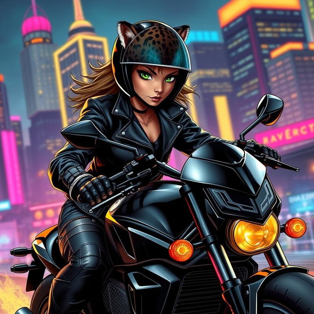 A humanoid female jaguar detective riding a sleek black motorcycle, wearing a stylish leather jacket and helmet that complement her fierce feline features