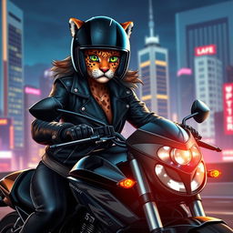 A humanoid female jaguar detective riding a sleek black motorcycle, wearing a stylish leather jacket and helmet that complement her fierce feline features
