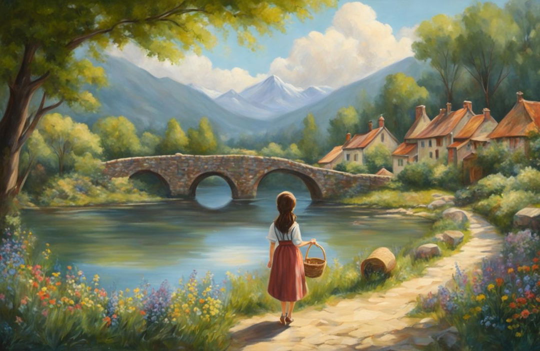 A Studio Ghibli-inspired oil painting of a picturesque landscape with a river, stone bridge, rustic village, and a young girl holding a basket of wildflowers