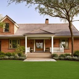 Exterior of a single floor house featuring a charming front yard, a cosy porch, earthy red brick walls, and a gabled roof with dormer windows.