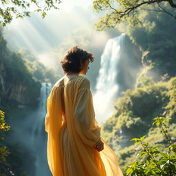 A breathtakingly mystical scene of an elegant and stylish artist contemplating the majestic landscape of a waterfall