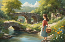 A Studio Ghibli-inspired oil painting of a picturesque landscape with a river, stone bridge, rustic village, and a young girl holding a basket of wildflowers