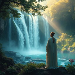 A breathtakingly mystical scene of an elegant and stylish artist contemplating the majestic landscape of a waterfall