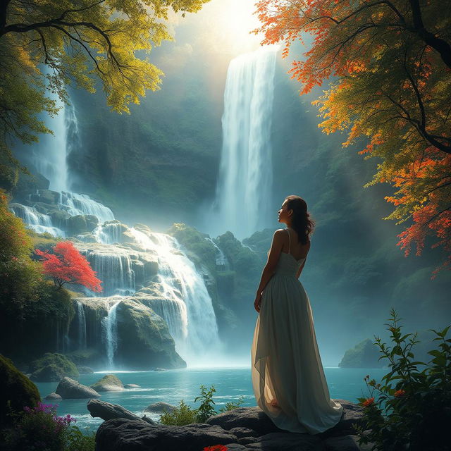 A breathtakingly mystical scene of an elegant and stylish artist contemplating the majestic landscape of a waterfall