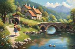 A Studio Ghibli-inspired oil painting of a picturesque landscape with a river, stone bridge, rustic village, and a young girl holding a basket of wildflowers
