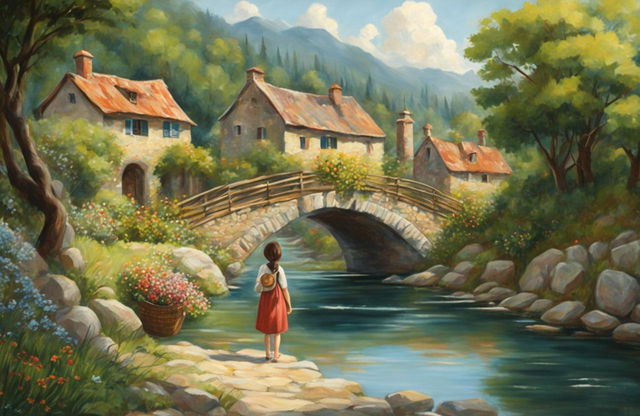 A Studio Ghibli-inspired oil painting of a picturesque landscape with a river, stone bridge, rustic village, and a young girl holding a basket of wildflowers