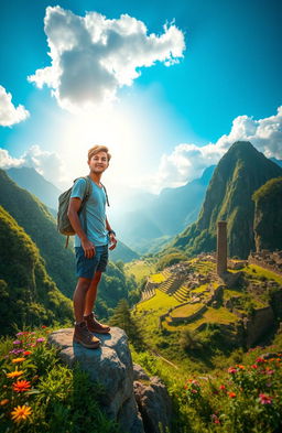 An adventurous scene depicting Ethan, a charismatic young man in his mid-20s, traveling through an exotic landscape
