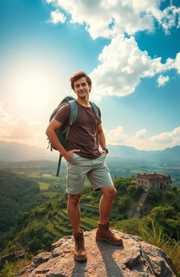 An adventurous scene depicting Ethan, a charismatic young man in his mid-20s, traveling through an exotic landscape