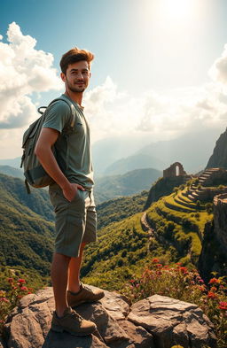 An adventurous scene depicting Ethan, a charismatic young man in his mid-20s, traveling through an exotic landscape