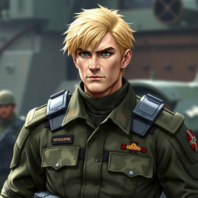 A military general in camouflaged clothing, featuring distinctive blonde hair