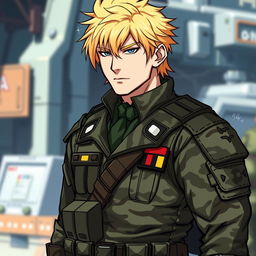 A military general in camouflaged clothing, featuring distinctive blonde hair