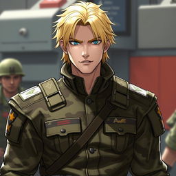 A military general in camouflaged clothing, featuring distinctive blonde hair