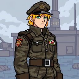 A military general in pixel art style, dressed in detailed camouflaged clothing, featuring striking blonde hair