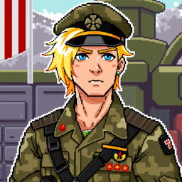 A military general in pixel art style, dressed in detailed camouflaged clothing, featuring striking blonde hair
