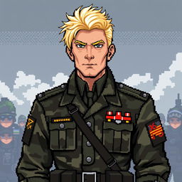 A military general in pixel art style, dressed in detailed camouflaged clothing, featuring striking blonde hair