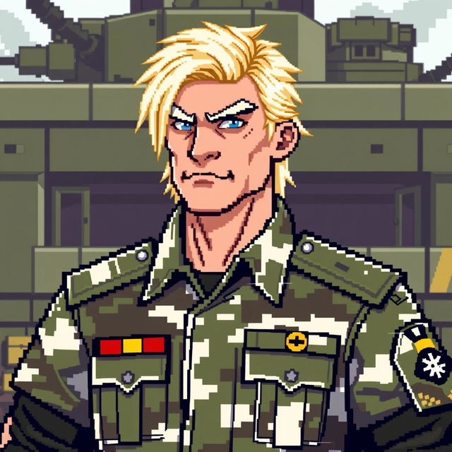 A military general in pixel art style, dressed in detailed camouflaged clothing, featuring striking blonde hair