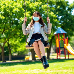 A cute young woman sitting on a swing in a bright, sunny park, wearing a stylish mask, light jacket, white shirt, black skirt, and trendy black platform boots