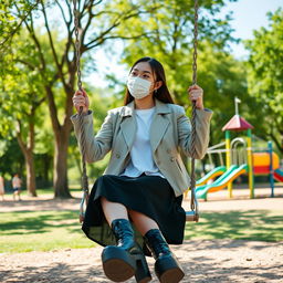 A cute young woman sitting on a swing in a bright, sunny park, wearing a stylish mask, light jacket, white shirt, black skirt, and trendy black platform boots