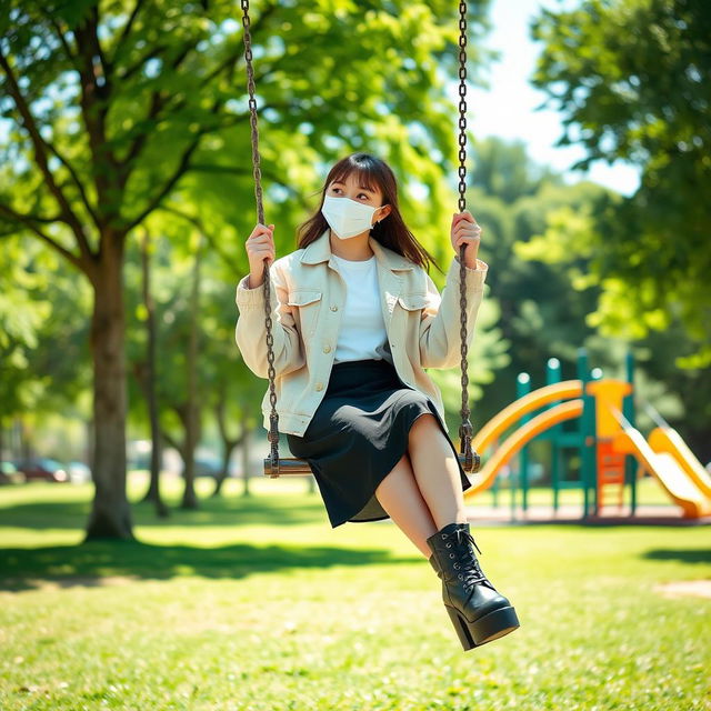 A cute young woman sitting on a swing in a bright, sunny park, wearing a stylish mask, light jacket, white shirt, black skirt, and trendy black platform boots