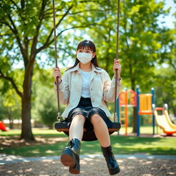 A cute young woman sitting on a swing in a bright, sunny park, wearing a stylish mask, light jacket, white shirt, black skirt, and trendy black platform boots