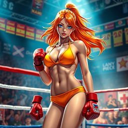 A dynamic scene featuring a female boxer inspired by the character Nami from One Piece, wearing a vibrant orange bikini