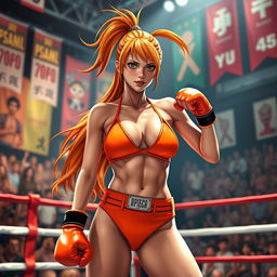 A dynamic scene featuring a female boxer inspired by the character Nami from One Piece, wearing a vibrant orange bikini