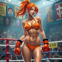 A dynamic scene featuring a female boxer inspired by the character Nami from One Piece, wearing a vibrant orange bikini