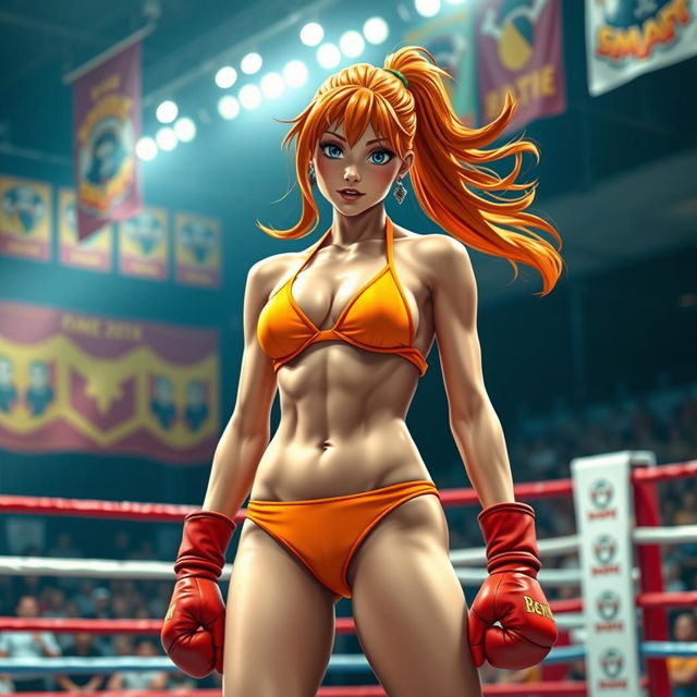 A dynamic scene featuring a female boxer inspired by the character Nami from One Piece, wearing a vibrant orange bikini