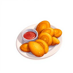 A delightful 2D cartoon illustration of Indonesian Empedies, showcasing an assortment of crispy, golden brown fried delights arranged beautifully on a plate
