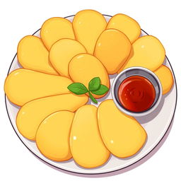 A delightful 2D cartoon illustration of Indonesian Empedies, showcasing an assortment of crispy, golden brown fried delights arranged beautifully on a plate