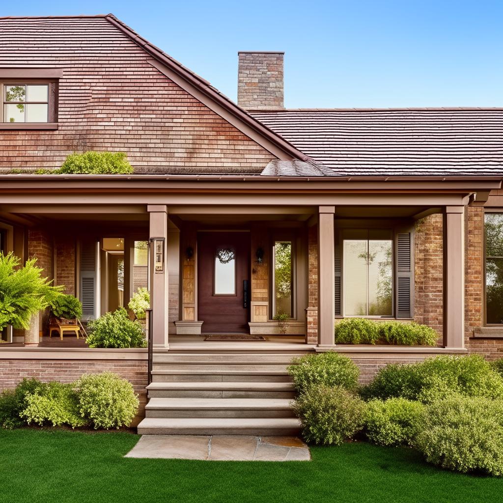 Exterior of a single floor house featuring a charming front yard, a cosy porch, earthy red brick walls, and a gabled roof with dormer windows.