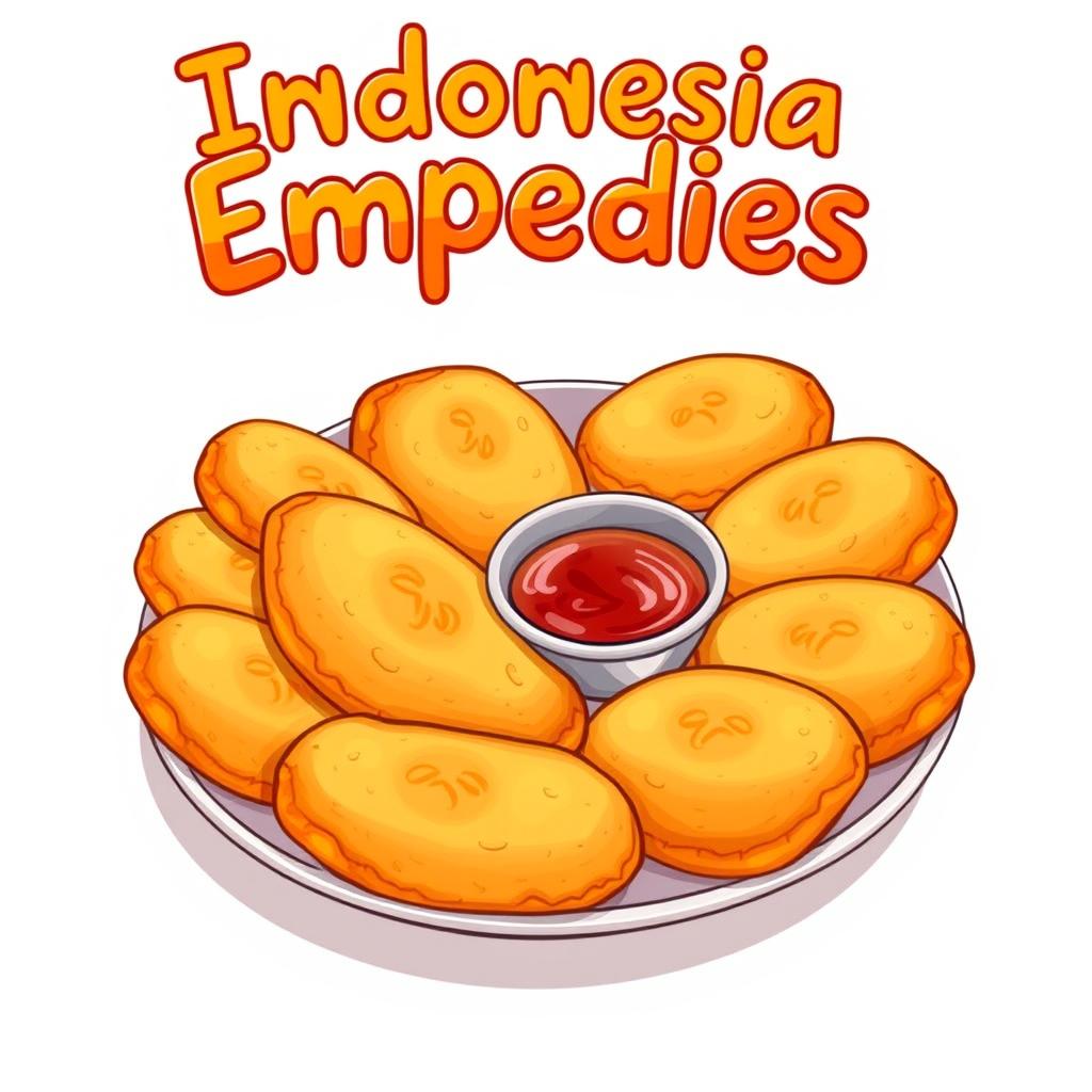 A delightful 2D cartoon illustration of Indonesian Empedies, showcasing an assortment of crispy, golden brown fried delights arranged beautifully on a plate