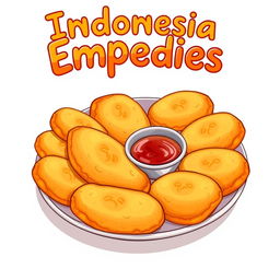 A delightful 2D cartoon illustration of Indonesian Empedies, showcasing an assortment of crispy, golden brown fried delights arranged beautifully on a plate