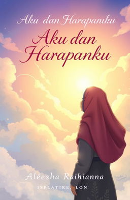 A book cover illustration for 'Aku dan Harapanku' by Aleesha Raihanna, featuring a woman wearing a hijab/khimar, gracefully standing with her back to the viewer, gazing up at a beautiful sky filled with soft clouds and warm sunlight