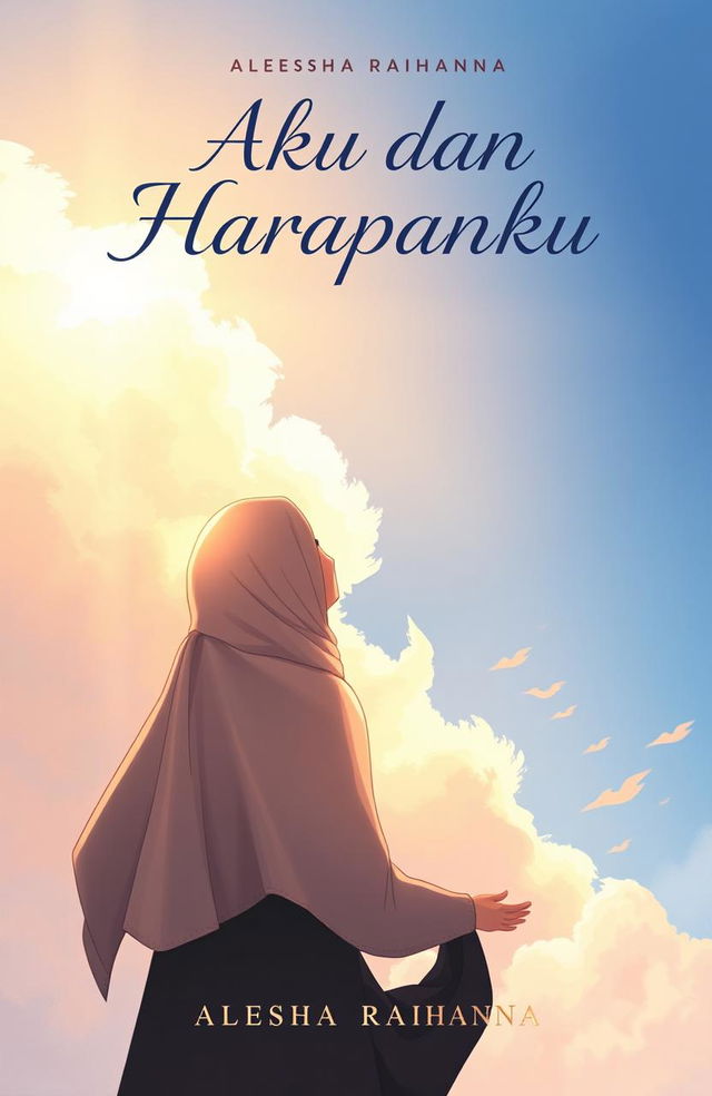 A book cover illustration for 'Aku dan Harapanku' by Aleesha Raihanna, featuring a woman wearing a hijab/khimar, gracefully standing with her back to the viewer, gazing up at a beautiful sky filled with soft clouds and warm sunlight