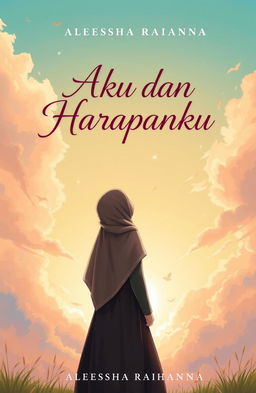 A book cover illustration for 'Aku dan Harapanku' by Aleesha Raihanna, featuring a woman wearing a hijab/khimar, gracefully standing with her back to the viewer, gazing up at a beautiful sky filled with soft clouds and warm sunlight