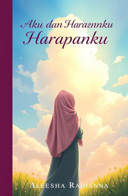 A book cover illustration for 'Aku dan Harapanku' by Aleesha Raihanna, featuring a woman wearing a hijab/khimar, gracefully standing with her back to the viewer, gazing up at a beautiful sky filled with soft clouds and warm sunlight