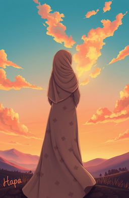 An illustration for a book cover featuring a woman wearing a hijab or khimar, standing with her back to the viewer, gazing up at the sky