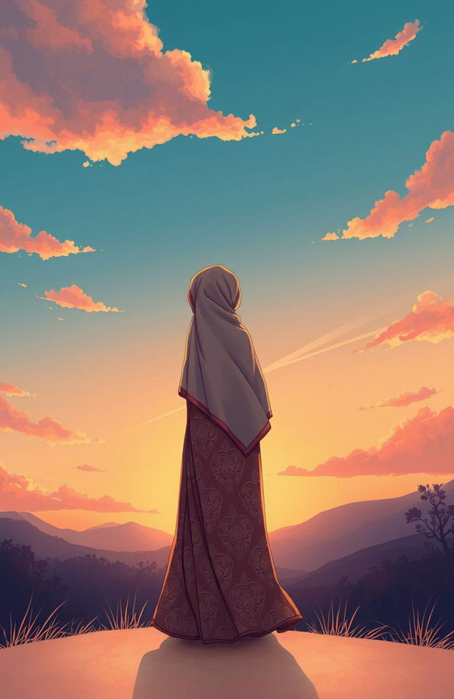 An illustration for a book cover featuring a woman wearing a hijab or khimar, standing with her back to the viewer, gazing up at the sky