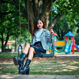 A realistic image of a young woman sitting on a swing in a vibrant park, wearing a light gray jacket over a white shirt, paired with a black skirt and stylish black platform boots