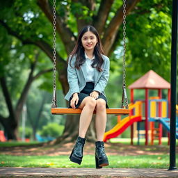 A realistic image of a young woman sitting on a swing in a vibrant park, wearing a light gray jacket over a white shirt, paired with a black skirt and stylish black platform boots